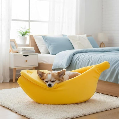 Banana Cat Bed for Cats & Small Dogs – Funny Yellow Plush Pet Cave, Indoor Hideaway for Kittens, Puppies, and Small Pets