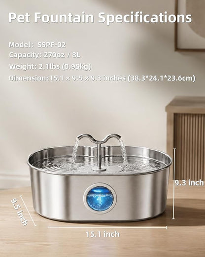 8L/270oz/2Gallon Stainless Steel Dog Water Fountain Pet Fountain | Automatic Pet Water Dispenser - Self-Designed Filtration System - Ultra-Quiet Pump - Easy Cleaning & Maintenance (6 Filters)