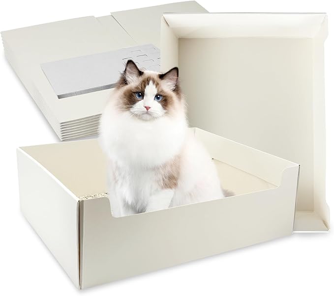 8 Pack White Disposable Litter Boxes for Cats, 14.8 Inch Foldable Paper Kitty Tray with Scoop, Waterproof Cardboard Travel Litter Box for Cats Small Pets - Low Entry