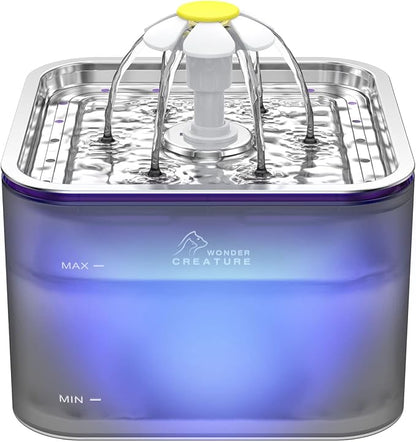 Wonder Creature Crystal Cat Water Fountain Stainless Steel Lid, 101oz/3L | Pet Fountain with Transparent Base, Quiet Pump, LED Indicator Light, Triple Filtration, 3 Flow Modes for Cats and Dogs