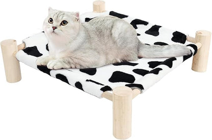 Patas Lague Cat and Dog Hammock Bed for Small Dogs, Brethable Wooden Cat Pet Rabbit Elevated Outdoor Bed Cots Furniture for All Seasons Fleece Cow Print