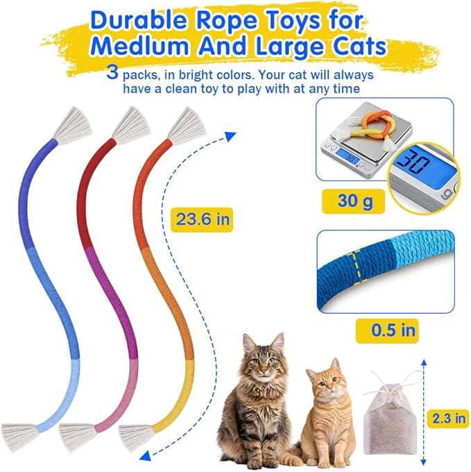 Retro Shaw Cat Toys Chew Ropes with Refillable Catnip for Indoor Kitten Teeth Cleaning, 3Pcs Interactive Cat Rope Kitty Toys for All Breeds 23.6 Inches