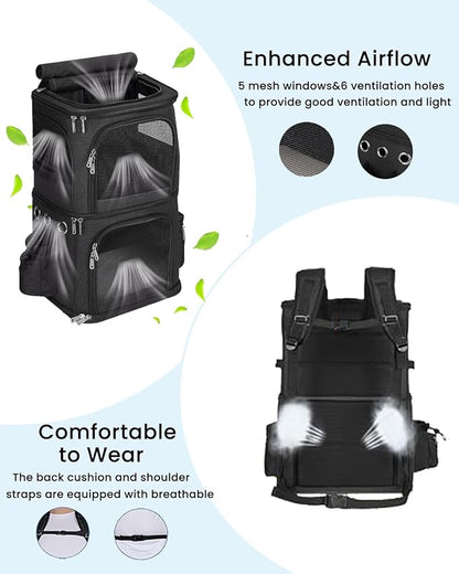 HOVONO Double-Compartment Pet Carrier Backpack for 2 Cats or Small Dogs, Dual Travel Dog Cat Carrier wih Breathable Mesh Windows, Fits Pets up to 20 lbs, Perfect for Traveling/Hiking/Camping, Black
