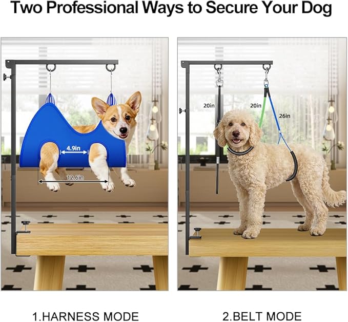 ALLPETS&CO Portable Foldable Dog Grooming Arm Kit: Adjustable 27"-40" with Heavy Duty Clamp & Hammock, 4pc Grooming Tools, No-Sit Restraint for Small Medium Dogs, Complete Home Salon Grooming Set