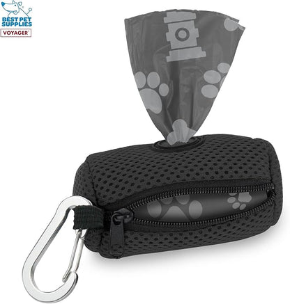 Best Pet Supplies Dog Poop Bag Holder Leash Attachment with 15 Bags, Black, Reusable Mesh Dispenser Pouch for Travel, Walking, Park, and Outdoor Use, Soft and Durable with Clip-On