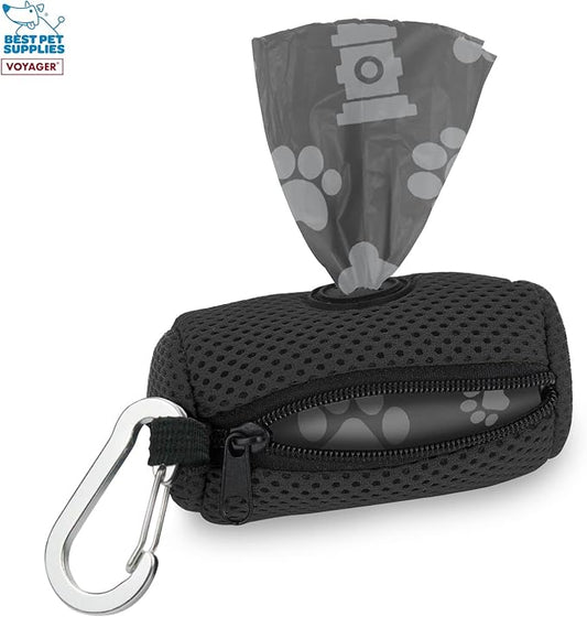 Best Pet Supplies Dog Poop Bag Holder Leash Attachment with 15 Bags, Black, Reusable Mesh Dispenser Pouch for Travel, Walking, Park, and Outdoor Use, Soft and Durable with Clip-On