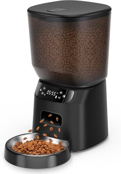Automatic Cat Feeder, Cat Food Dispenser with Stainless Steel Bowl, Timed Portion Control 20 Portions 6 Meals Per Day, Voice Recorder, Dual Power Supply for Small Dogs