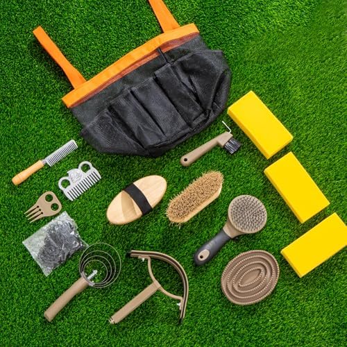 Uross Horse Grooming Kit 15PCS - Horse Brush Set with Organizer Tote Bag Care Cleaning Kit with Brush & Comb, Professional Equine Coat Care Gifts for Horseriders Beginner