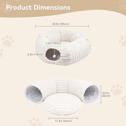 Dogpals Ultra-Soft Cat Tunnel Bed - Soft Washable Cushion, Peekaboo Hideaway Cave for Indoor Cats, Kittens, Puppies, and Rabbits - Deluxe Upgraded with Luxurious Striped Hare-Feel Fabric (White)