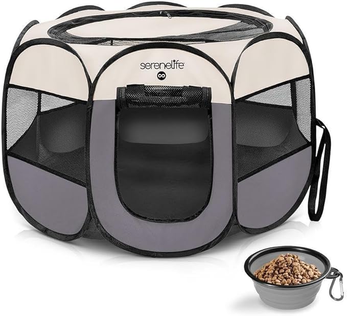 SereneLife On-The-Go Foldable Portable Pet Tent 8-Panel Playpen for Dog & Cat w/Food/Water Bowl, Mesh Exercise Puppy Playground, Pet House Indoor & Outdoor, Travel & Camping Pet Kennell (Grey- Large)