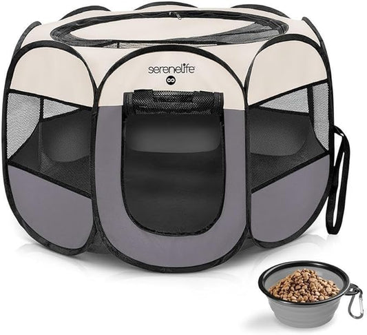 SereneLife On-The-Go Foldable Portable Pet Tent 8-Panel Playpen for Dog & Cat w/Food/Water Bowl, Mesh Exercise Puppy Playground, Pet House Indoor & Outdoor, Travel & Camping Pet Kennell (Grey- Large)