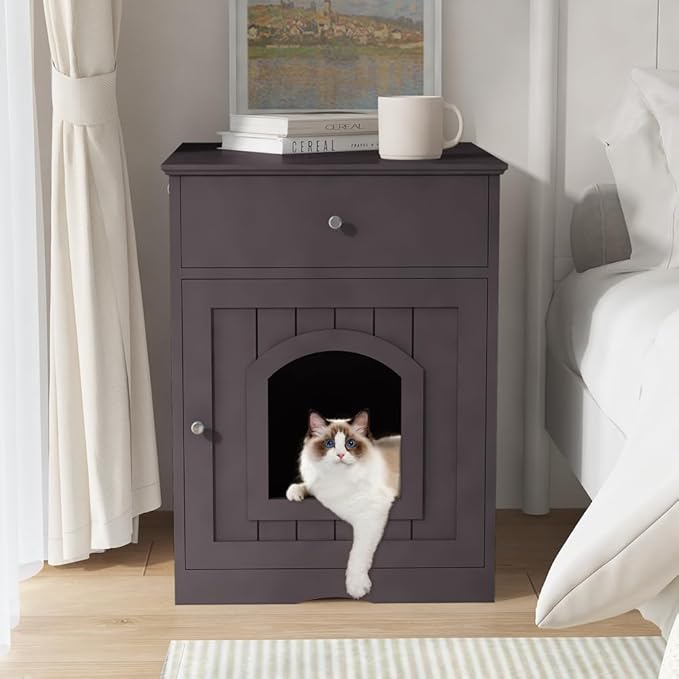 Large Wood House for Cats Litter Box Enclosure Furniture Hidde Out Box with Cabinet Drawer Indoor Pet House Side Table Wooden Crate (Brown)