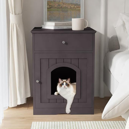 Large Wood House for Cats Litter Box Enclosure Furniture Hidde Out Box with Cabinet Drawer Indoor Pet House Side Table Wooden Crate (Brown)