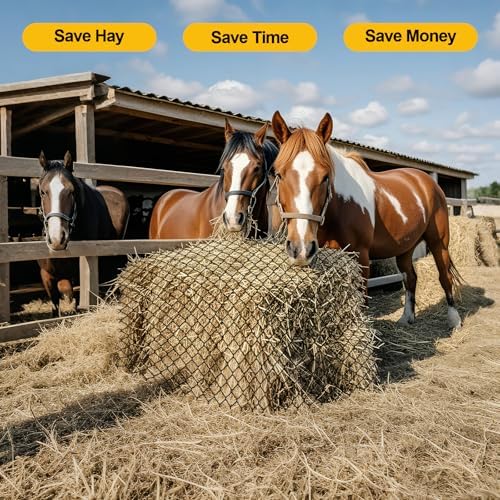 5x5ft Round Bale Hay Net for Horses, Heavy Duty Slow Feed Hay Net with 1.6" Mesh, Black Nylon Hay Feeder for Horses, Cattle, Goats, Includes Free Repair Kit, Reduce Waste