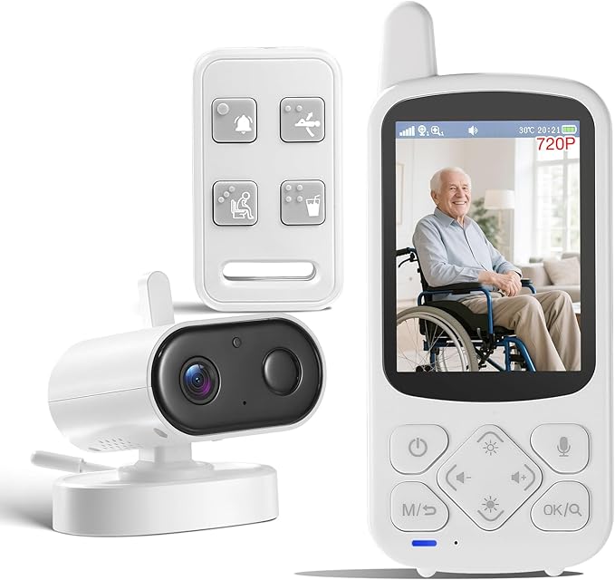 Elderly Monitor with Camera and Audio, Two-Way Talk Baby Monitors for Elderly Care, Call Button, Med Reminder Camera for Elderly Monitoring, for Seniors, Dementia Patients (No WiFi)