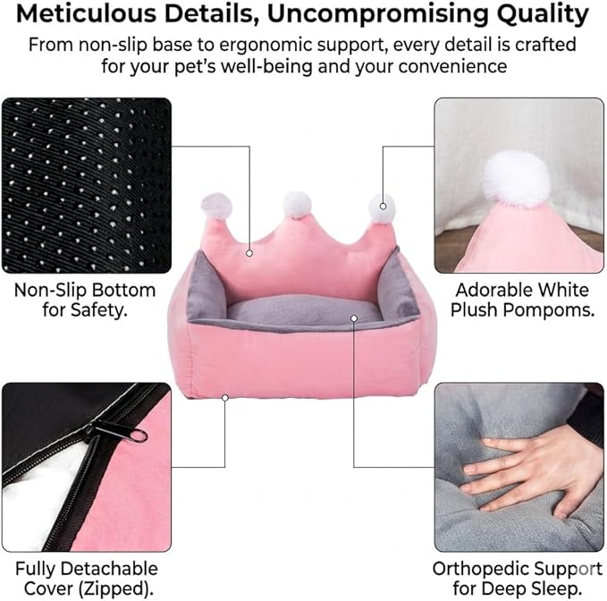 Cute Crown Pet Princess Beds for Small Dogs Luxurious Crown Dog Priness Beds Winter Warm Puppy Cat Sofa Bed Shih Tzu Yorkies Kennels Removable Mascotas Supplies (Pink Crown, XS Below 1.5 kg)