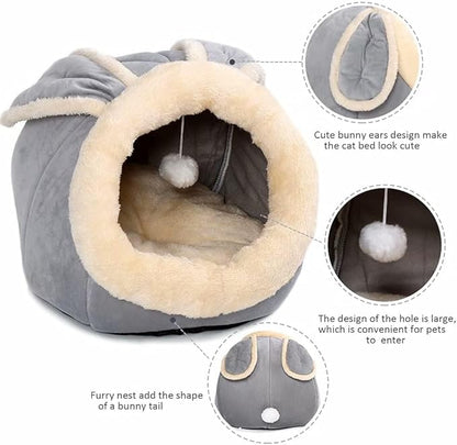 Cat Beds for Indoor Cats - Small Dog Bed with Anti-Slip Bottom, Rabbit-Shaped Cat/Small Dog Cave with Hanging Toy, Puppy Bed with Removable Cotton Pad, Super Soft Calming Pet Sofa Bed (Grey M)