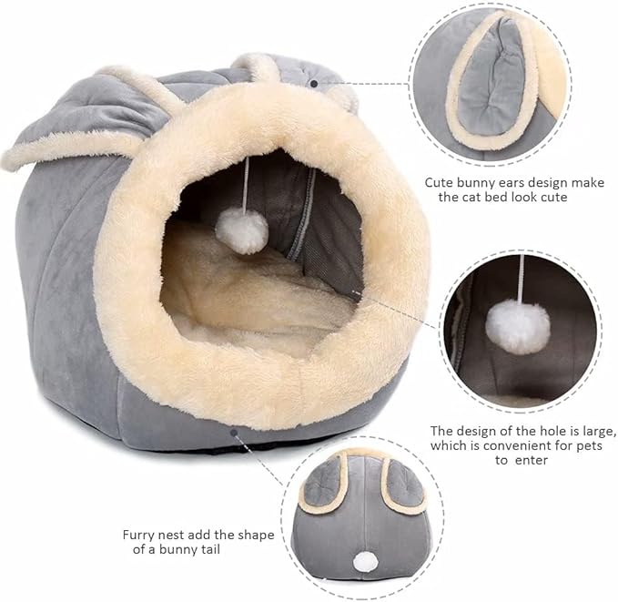 Cat Beds for Indoor Cats - Small Dog Bed with Anti-Slip Bottom, Rabbit-Shaped Cat/Small Dog Cave with Hanging Toy, Puppy Bed with Removable Cotton Pad, Super Soft Calming Pet Sofa Bed (Grey L)