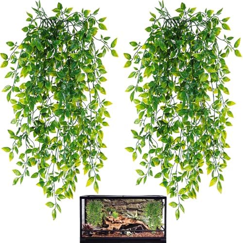 HERCOCCI Reptile Plants, 2 Pack Terrarium Hanging Plants Vines Artificial Leaves Habitat Decorations with Suction Cup for Bearded Dragon Hermit Crab Lizard Snake Geckos Chameleon