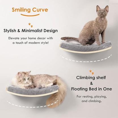 Curved Cat Shelves and Perches, Floating Cat Wall Bed with Comfortable Cushion