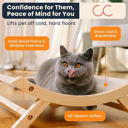 CallieCo Wooden Cat Hammock Bed, Modern Elevated Pet Lounger with Premium Wooden Frame & Breathable Fabric, Stylish Indoor & Outdoor Cat Bed for Cats & Small Dogs - Gray