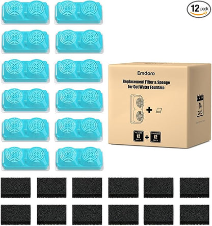 Official 12-Pack Replacement Filters and Sponges for Emdoro 3.2L/108oz Cordless Cat Fountain (6 Months Set)