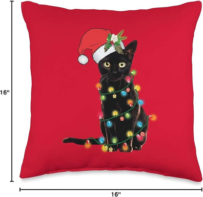 Santa Black Cat Tangled Up in Christmas Tree Lights Holiday Throw Pillow
