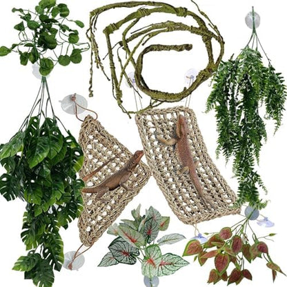 Reptile Plants for Bearded Dragon Tank Accessories, Terrarium Plant Artificial Decor for Snake Cage, Fake Plant for Leopard Gecko Habitat, Lizard Chameleon Ball Pythons (Group GN)