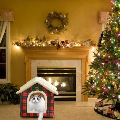 Christmas Cat Bed for Indoor Cats Plaid Xmas Cat Tent Cats Bed Cave for Pets Kittens and Dogs (Coffee, S(15.7 X 12.6 X 13.8 Inch))