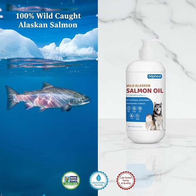 Wild-Caught Salmon Oil for Dogs & Cats - Omega 3 EPA DHA,Fish Oil Liquid Supplement for Skin & Coat, Joint & Bone Health (8 FLOZ)