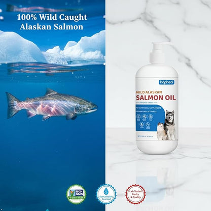 Wild-Caught Salmon Oil for Dogs & Cats - Omega 3 EPA DHA,Fish Oil Liquid Supplement for Skin & Coat, Joint & Bone Health (8 FLOZ)
