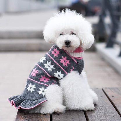 KYEESE Dog Sweater Fall Winter Dogs Clothes Warm Dog Coats Knit Turtleneck Pet Sweater Dress with Classic Snowflake Pattern Pullover for Girl Pet Sweater with Leash Hole for Small Dogs, Grey, Small