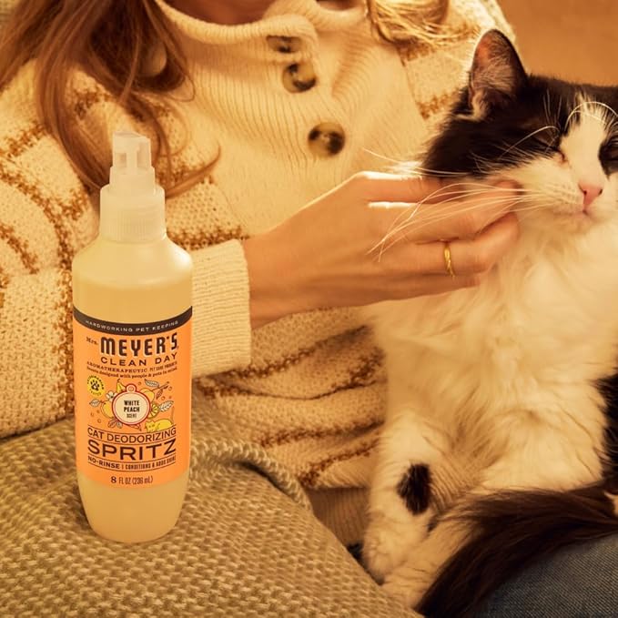 Mrs. MEYER'S Clean Day Cat Care Kit, includes Cat Deodorizing Spritz - White Peach and Pet Stain & Odor Fighter - Coconut Leaf