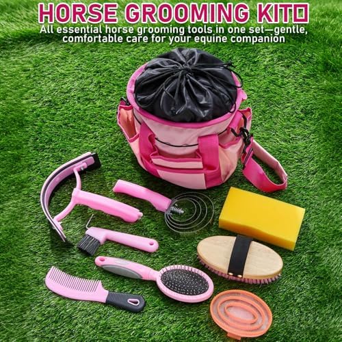 Cunhill 9 Pcs Horse Grooming Kit Tack Room Supplies, Classic, Pink
