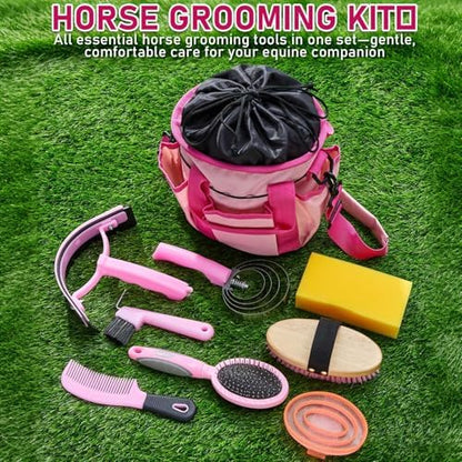 Cunhill 9 Pcs Horse Grooming Kit Tack Room Supplies, Classic, Pink