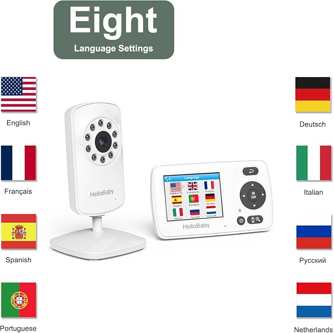 HelloBaby HB30 Video Baby Monitor with Digital Camera and Audio, No WiFi No App Safety Baby Monitor, 8 Languages, Auto Night Vision, 1000ft Transmission Range, 2.4 inch Portable Screen