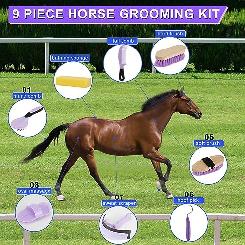 Horse Grooming Kit, 9-Piece Horse Brush Set with Tote Bag, Purple