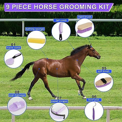 Horse Grooming Kit, 9-Piece Horse Brush Set with Tote Bag, Purple