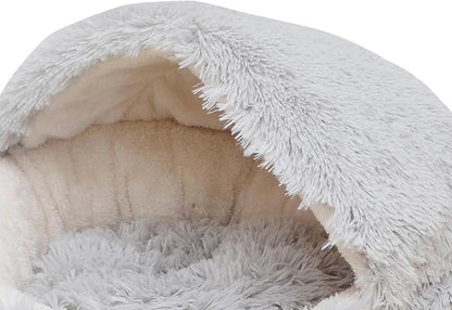 PetPals Round Cat Bed with Hoodie Cover and Removeable Washable Cushion, Super Soft Faux Fur Pet Bed for Puppy and Kitten with Anti-Slip Bottom (Faux Fur Igloo)