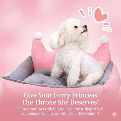Cute Crown Pet Princess Beds for Small Dogs Luxurious Crown Dog Priness Beds Winter Warm Puppy Cat Sofa Bed Shih Tzu Yorkies Kennels Removable Mascotas Supplies (Pink Crown, XS Below 1.5 kg)