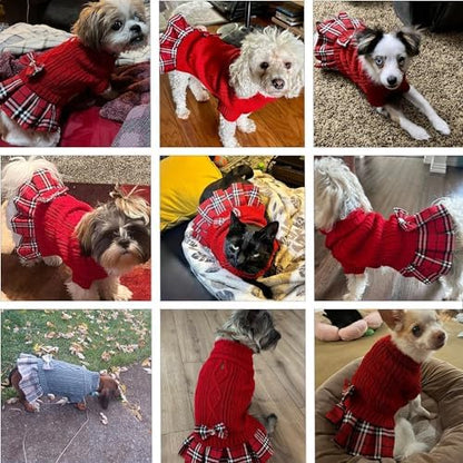YUDODO Small Dog Sweater Dress with Bowtie Turtleneck - Knitted Pet Clothes