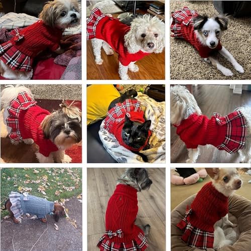 YUDODO Small Dog Sweater Dress with Bowtie Turtleneck - Knitted Pet Clothes