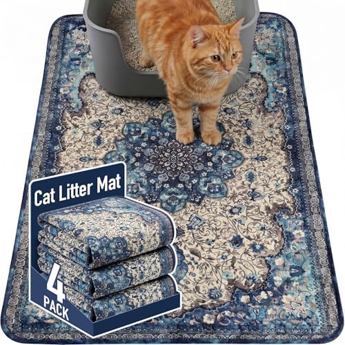Hompet Cat Litter Mat 4 Pack, 18x28 Machine Washable Trapping Mats for Cats, Super Absorbent & Urine-Proof Cat Litter Box Mat for Floor, Waterproof & Non Slip Kitty Litter Rug
