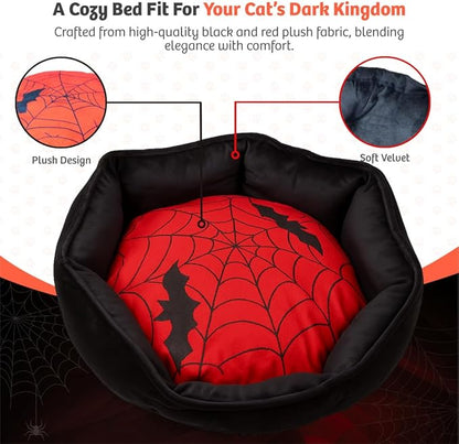 Gothic Cat Bed, 20 Inches Reversible Red and Black Cat Bed for Indoor Cats, Super Soft Plush Pet Bed with Cozy Spider Web Pillow and Secure Non-Slip Bottom
