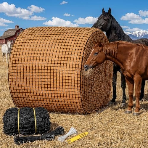 5x5 ft Round Bale Hay Net for Horses & Goats, 1.5" Holes Slow Feeder Hay Nets with Hay Net Repair Tool
