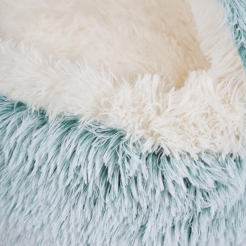 Round Fluffy Hooded Cat Bed Cave, Anti-Anxiety Cave Bed with Blanket