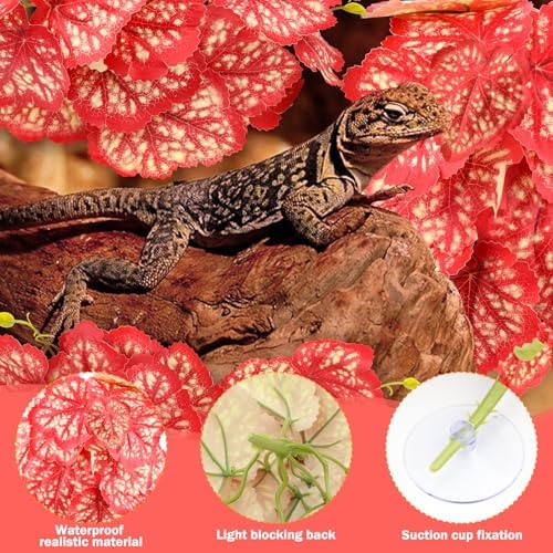 QUOZUO 2 Pack Reptile Plants for Terrarium, Artificial Leaves Habitat Decorations with Suction Cups, Terrarium Hanging Plants Vines for Bearded Dragons Lizards Snake Geckos Frogs - Red