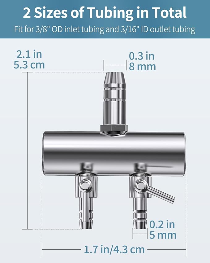 Pawfly Aquarium Air Flow Control Lever Valve 2-Way Fish Tank Air Valve for Air Pump Chromium Copper Manifold Multi-Port Air Flow Splitter for 3/16" ID & 3/8" OD Airline Tubing