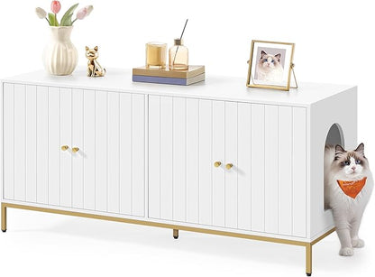 Feandrea Double Cat Litter Box Enclosure, Hidden Litter Box Furniture with Double Room, for 2 Cats, Modern Style, 47.2" Pet House Washroom Cabinet, Side End Table, TV Stand, White and Gold