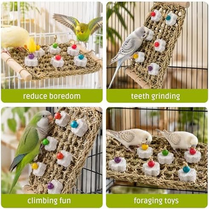FlidRunest Conure Seagrass Mat with Grinding Calcium Stone Chewing Toy | Parrot Beak Grinding Stone and Seagrass Ladder Bridge Stands, Hand-Woven Net Climbing Net for Budgie Parakeet